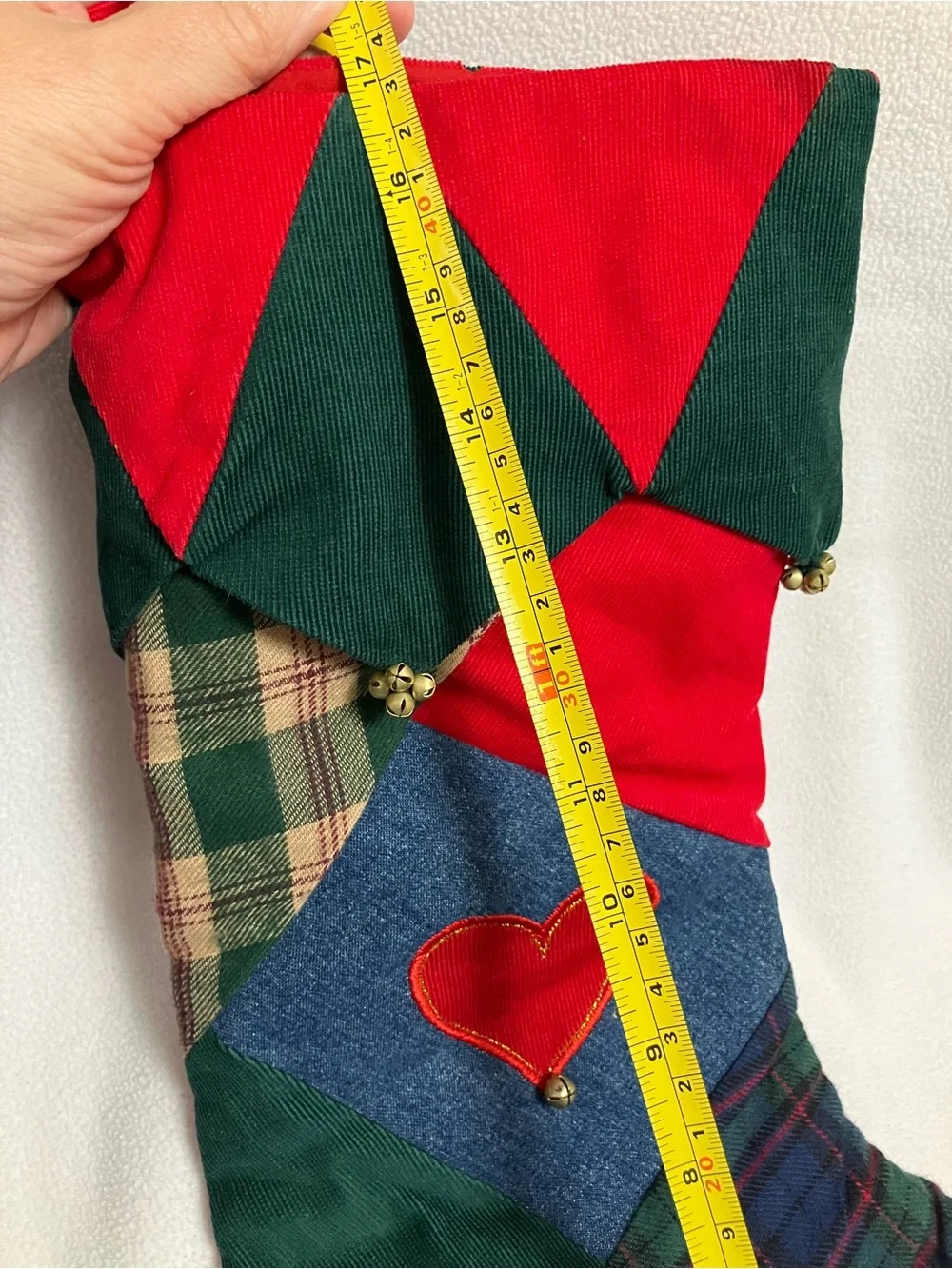 retired Pier 1 Imports patchwork quilt Christmas stocking. Red heart. Tiny bells